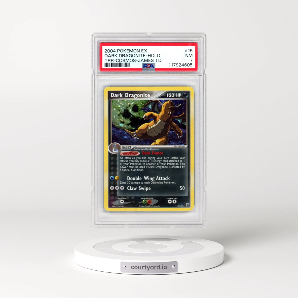2004 Pokémon EX Team Rocket Returns #15 Dark Dragonite - Holo Cosmos-James Theme Deck (PSA 7 NM)