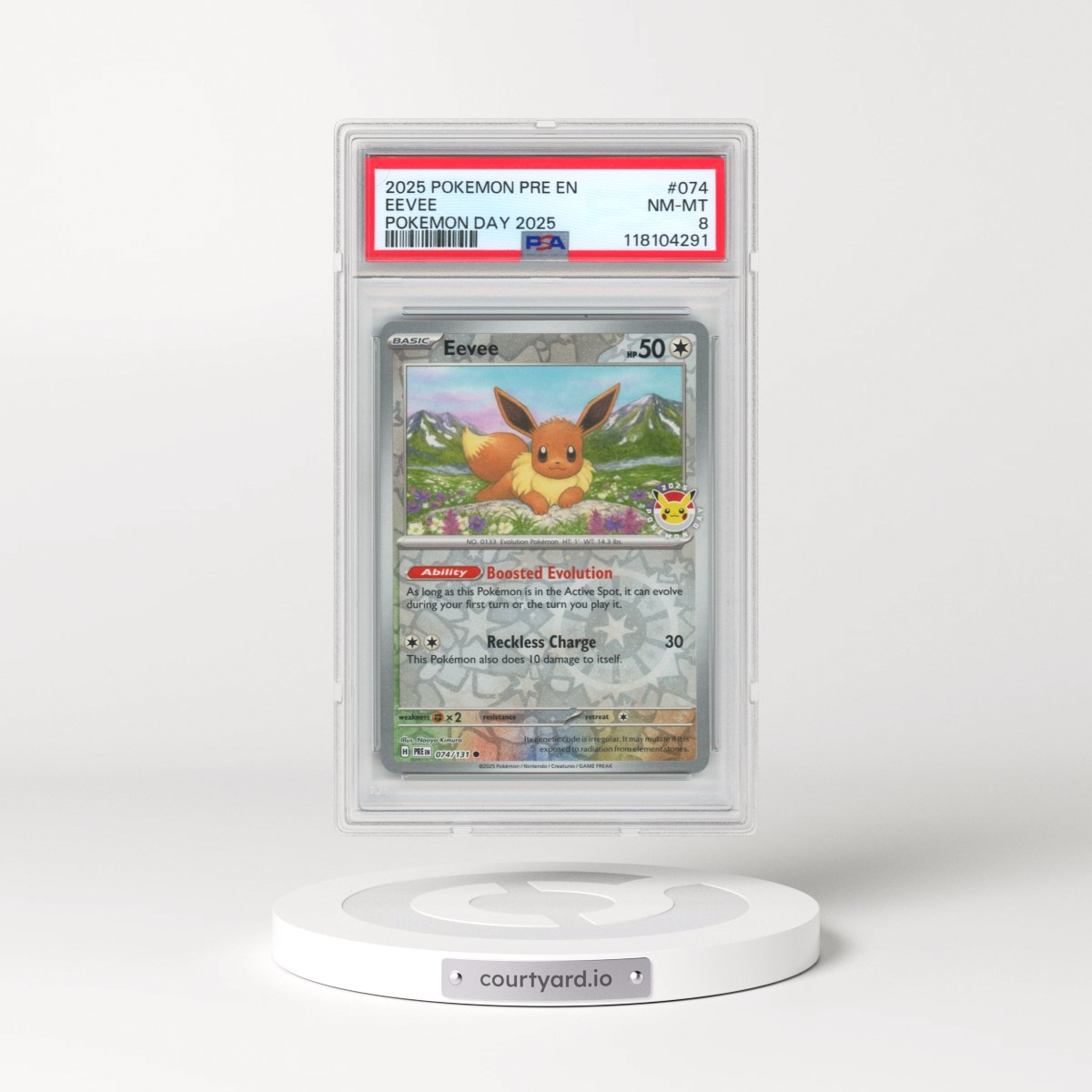 2025 Pokémon Pre EN-Prismatic Evolutions #074 Eevee - Pokemon Day 2025 (PSA 8 NM-MT)
