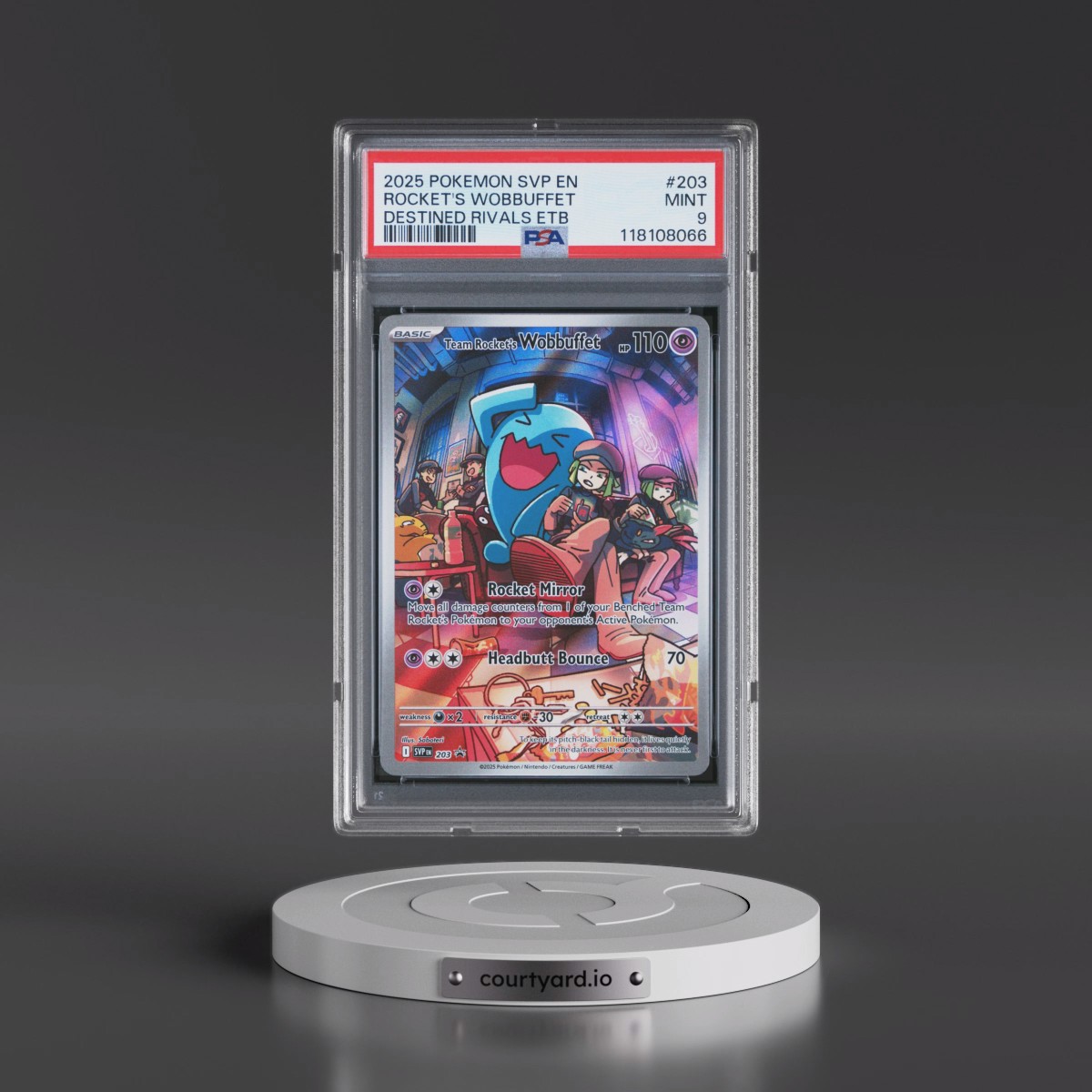 2025 Pokémon Svp EN-SV Black Star Promo #203 Team Rocket's Wobbuffet - Destined Rivals Elite Trainer Box (PSA 9 MINT)