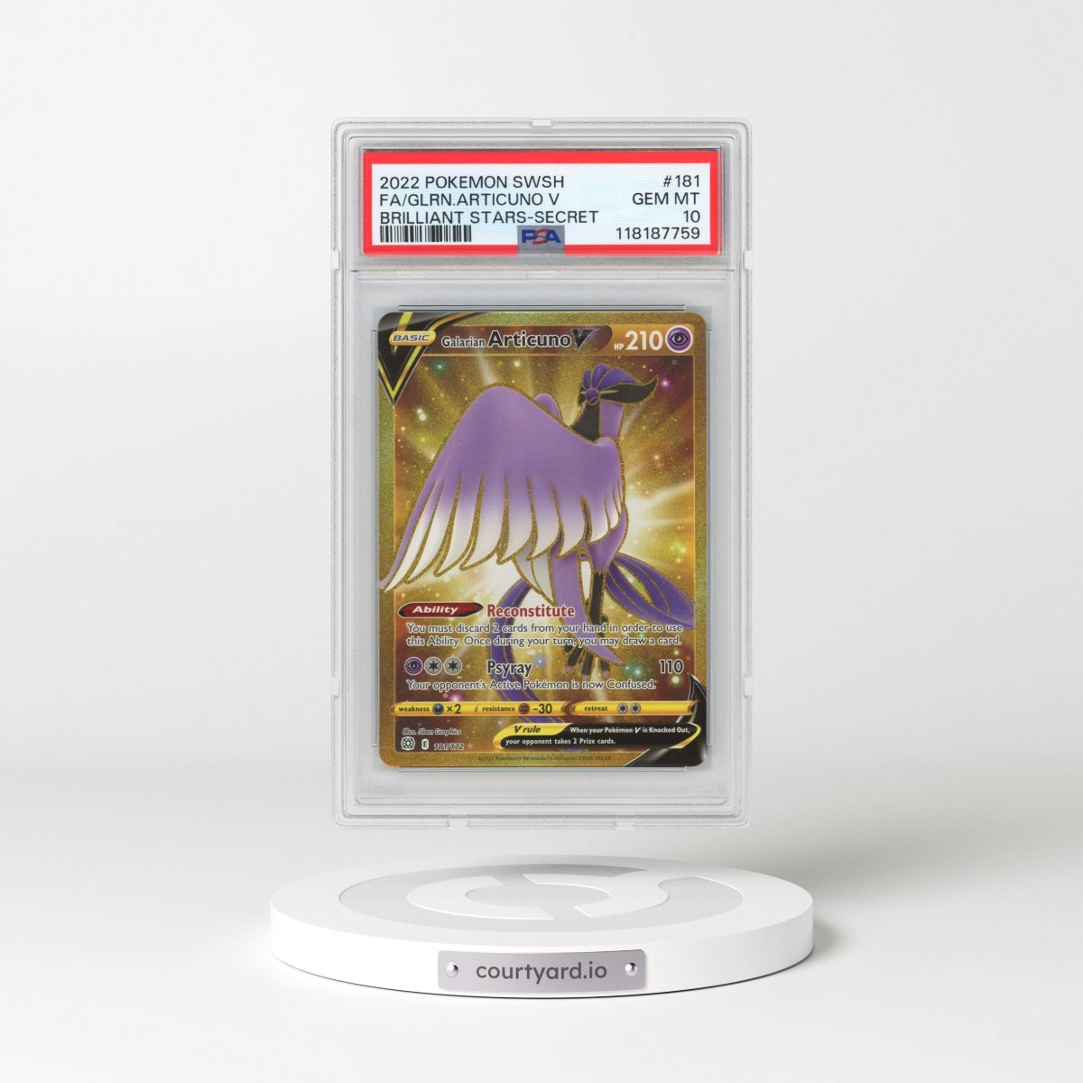2022 Pokémon Sword & Shield Brilliant Stars #181 Galarian Articuno V - Holo Full Art Secret (PSA 10 GEM MINT)