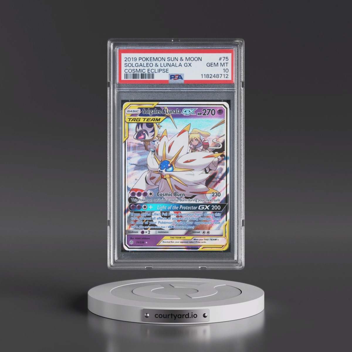 2019 Pokémon Sun & Moon Cosmic Eclipse #75 Solgaleo & Lunala GX - Holo (PSA 10 GEM MINT)