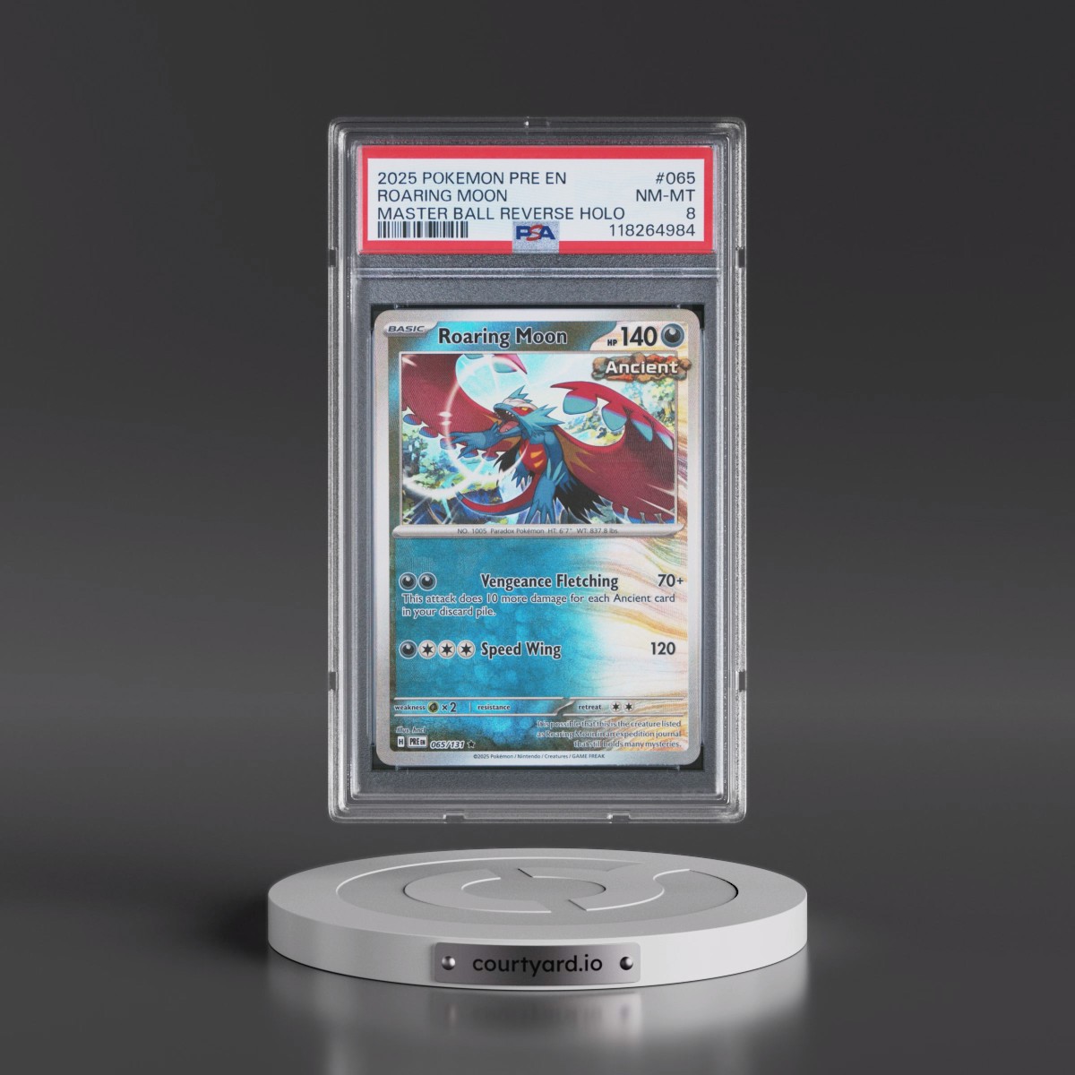 2025 Pokémon Pre EN-Prismatic Evolutions #065 Roaring Moon - Reverse Holo Master Ball (PSA 8 NM-MT)