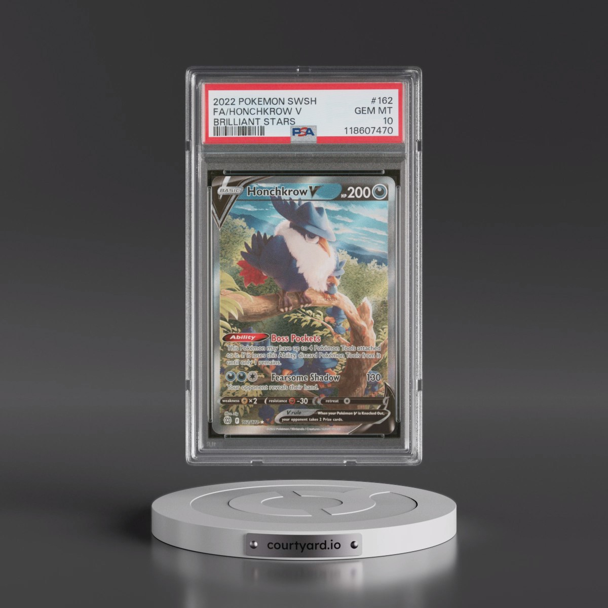 2022 Pokémon Sword & Shield Brilliant Stars #162 Honchkrow V - Holo Full Art (PSA 10 GEM MINT)