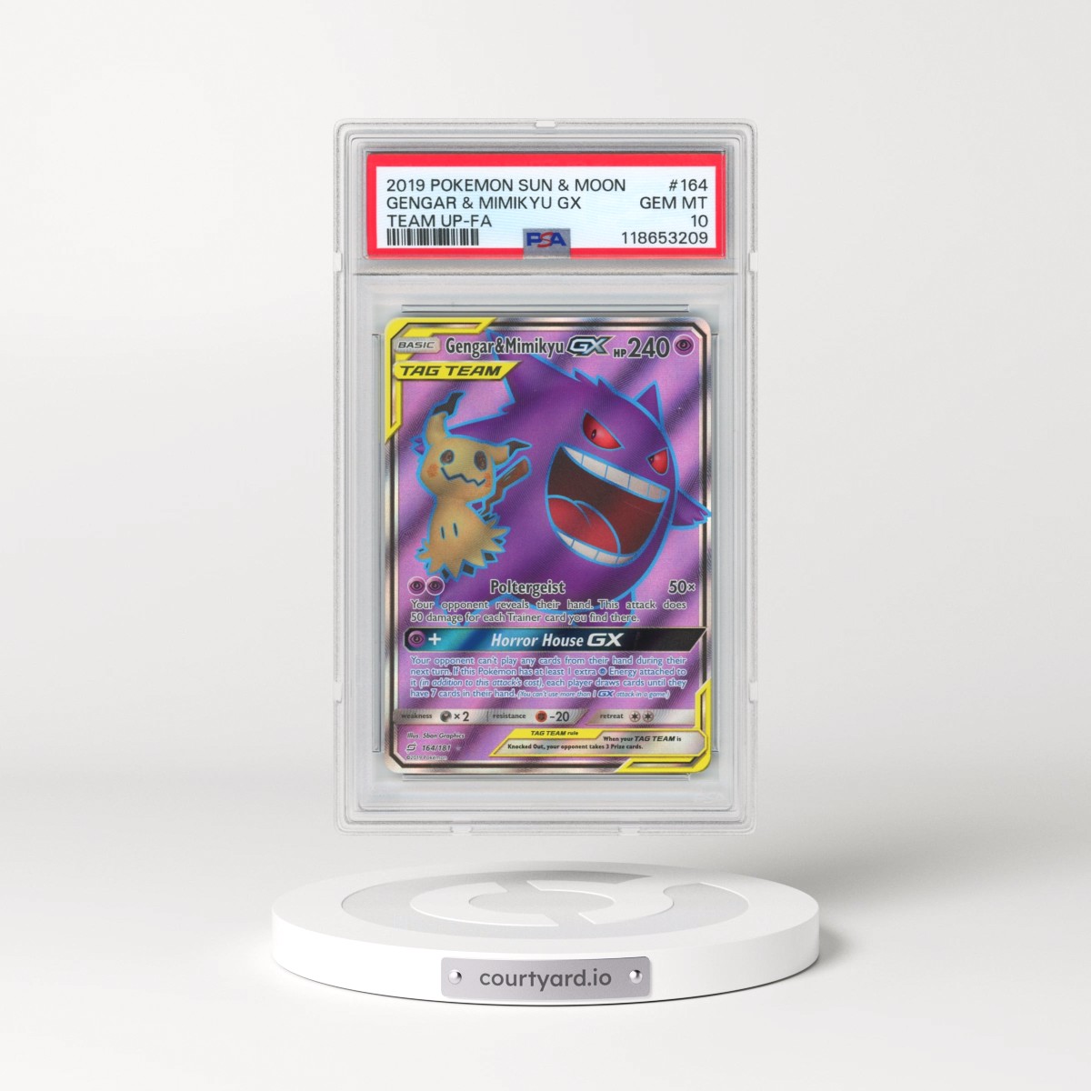 2019 Pokémon Sun & Moon Team Up #164 Gengar & Mimikyu GX - Holo Full Art (PSA 10 GEM MINT)