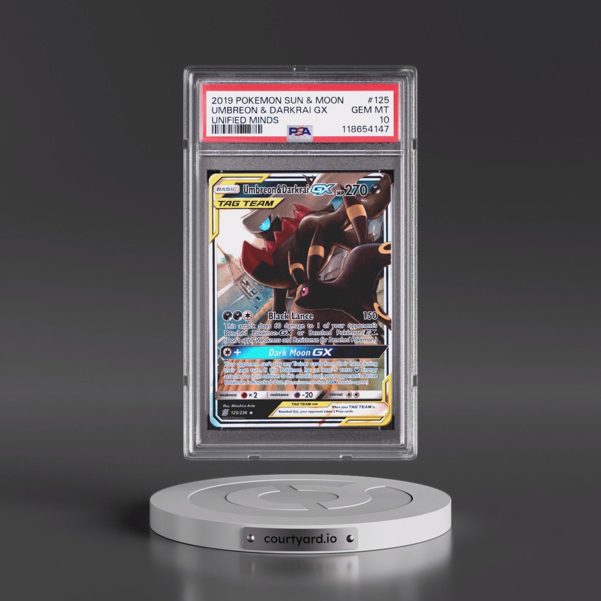 2019 Pokémon Sun & Moon Unified Minds #125 Umbreon & Darkrai GX - Holo (PSA 10 GEM MINT)