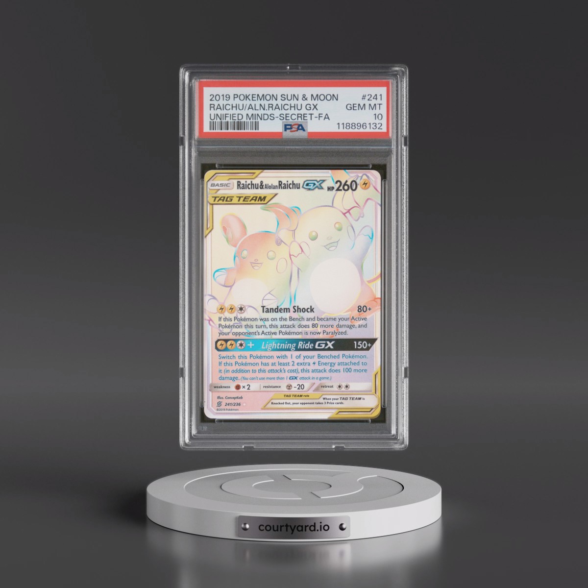 2019 Pokémon Sun & Moon Unified Minds #241 Raichu & Alolan Raichu GX - Holo Full Art Secret (PSA 10 GEM MINT)