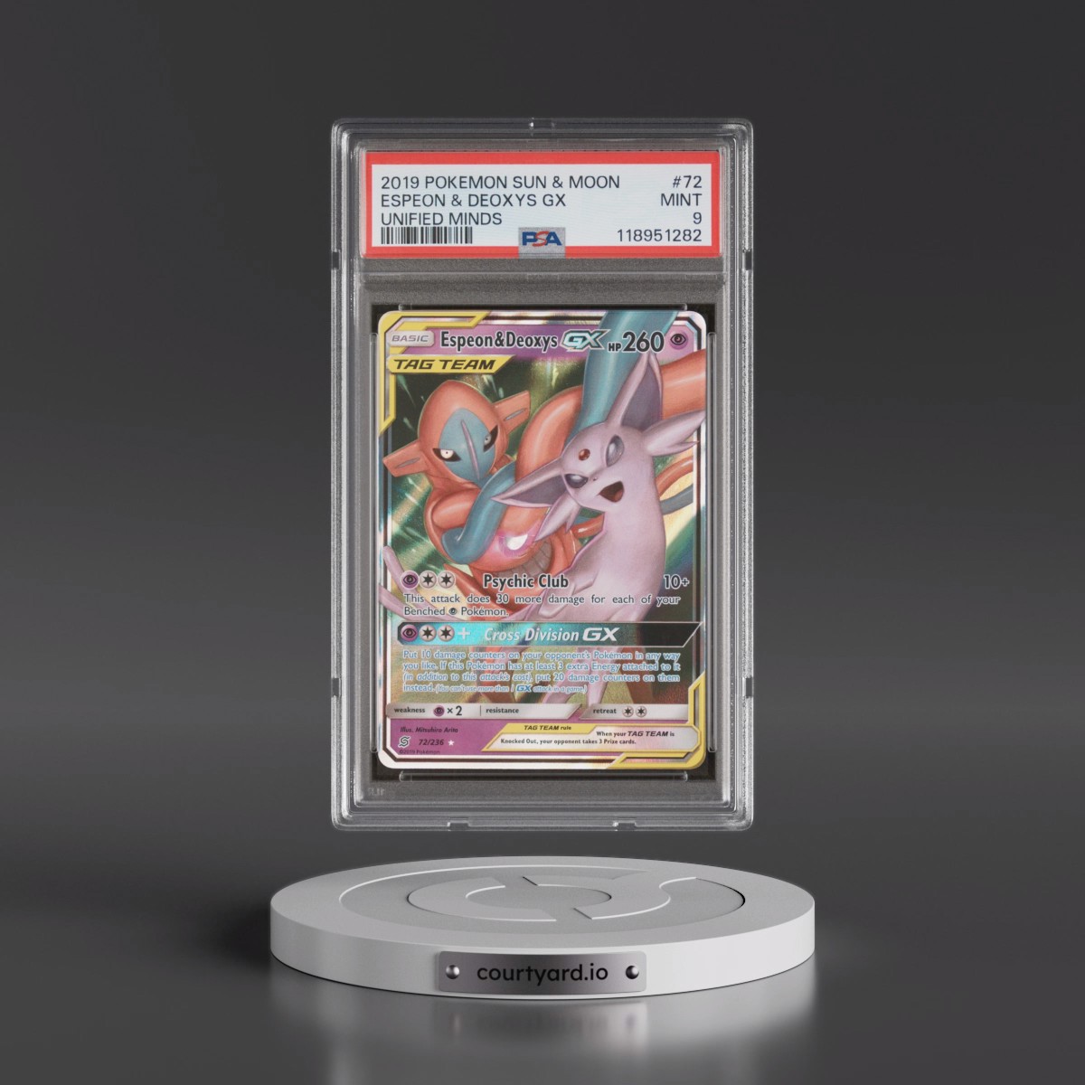 2019 Pokémon Sun & Moon Unified Minds #72 Espeon & Deoxys GX - Holo (PSA 9 MINT)