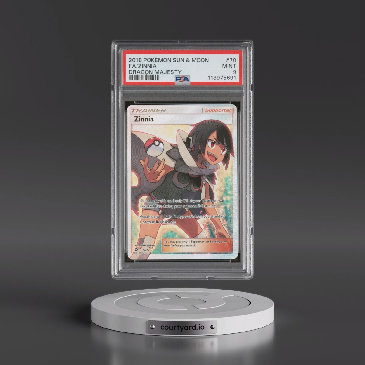 2018 Pokémon Sun & Moon Dragon Majesty #70 Zinnia - Full Art (PSA 9 MINT)