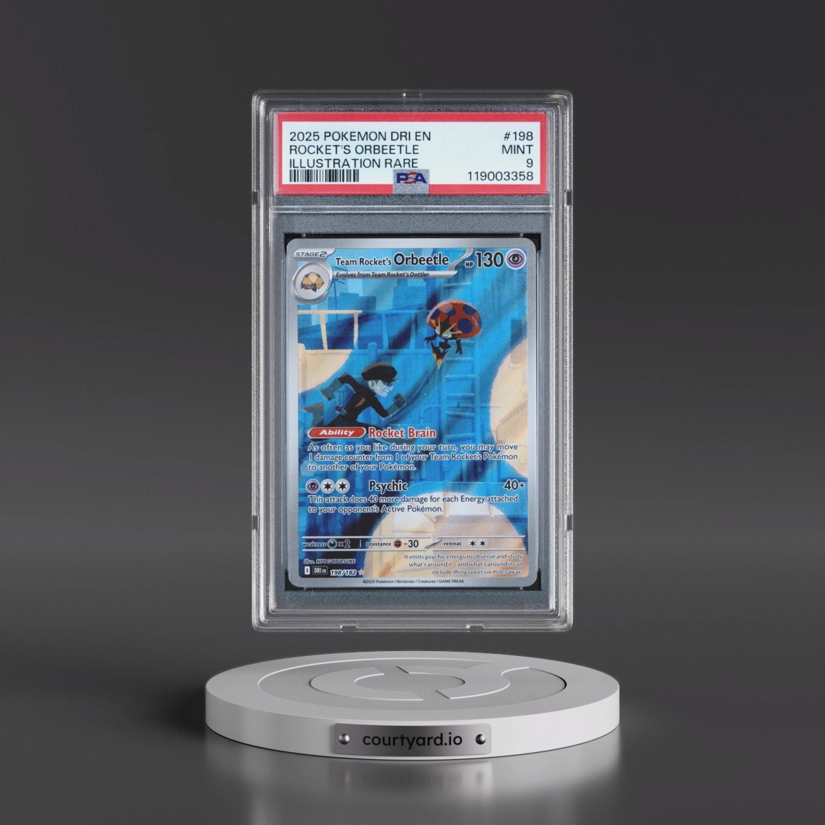 2025 Pokémon Dri EN-Destined Rivals #198 Team Rocket's Orbeetle - Illustration Rare (PSA 9 MINT)