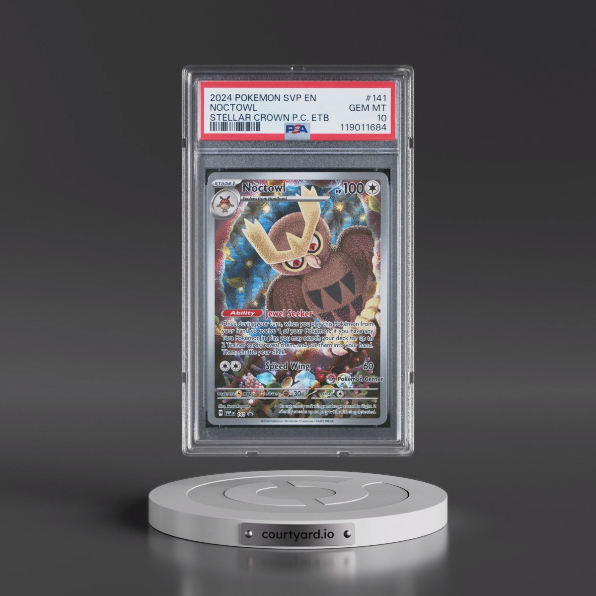 2024 Pokémon Svp EN-SV Black Star Promo #141 Noctowl - Stellar Crown Pokemon Center Elite Trainer Box (PSA 10 GEM MINT)