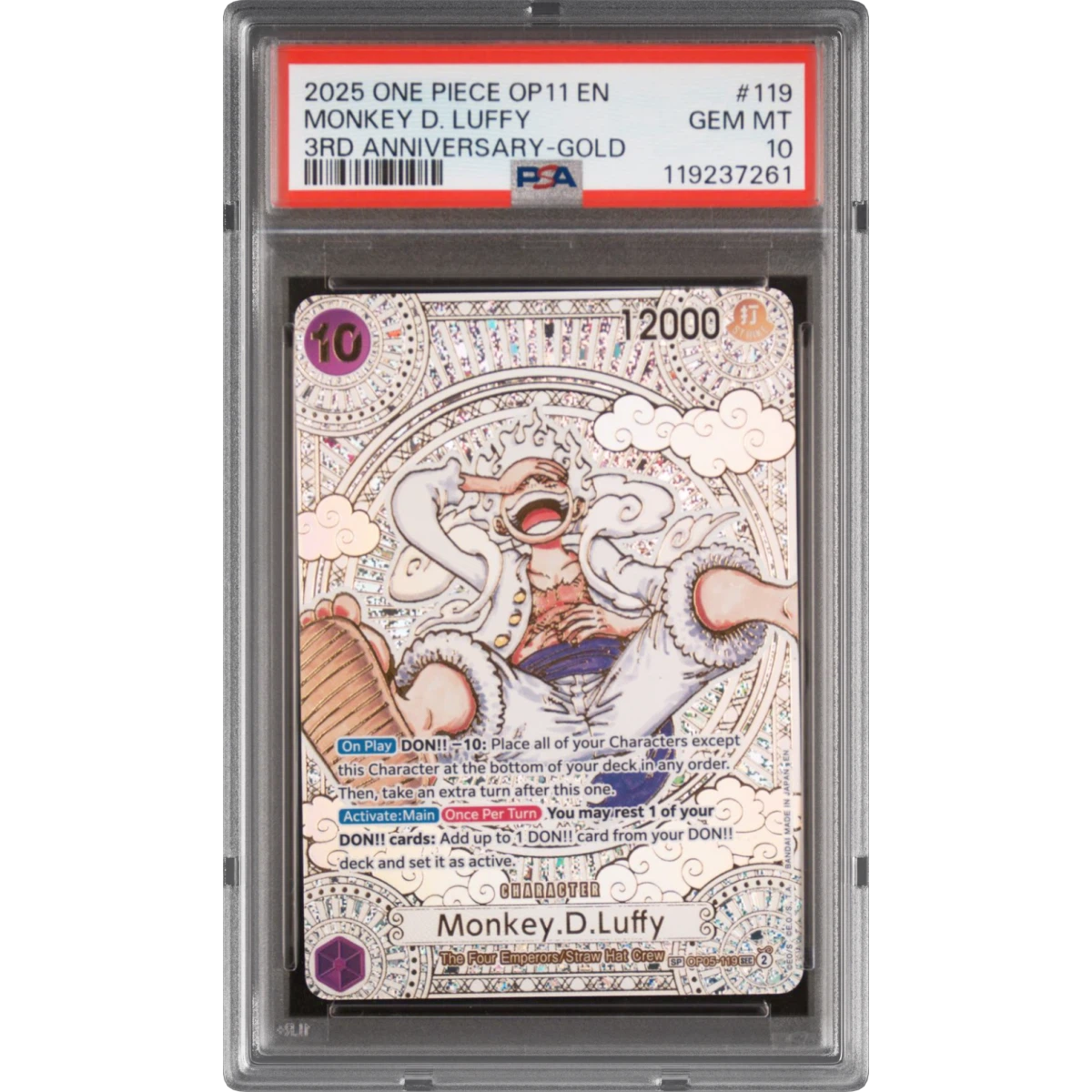 2025 One Piece OP11-A Fist of Divine Speed #119 Monkey D. Luffy - 3rd Anniversary-Gold, PSA 10
