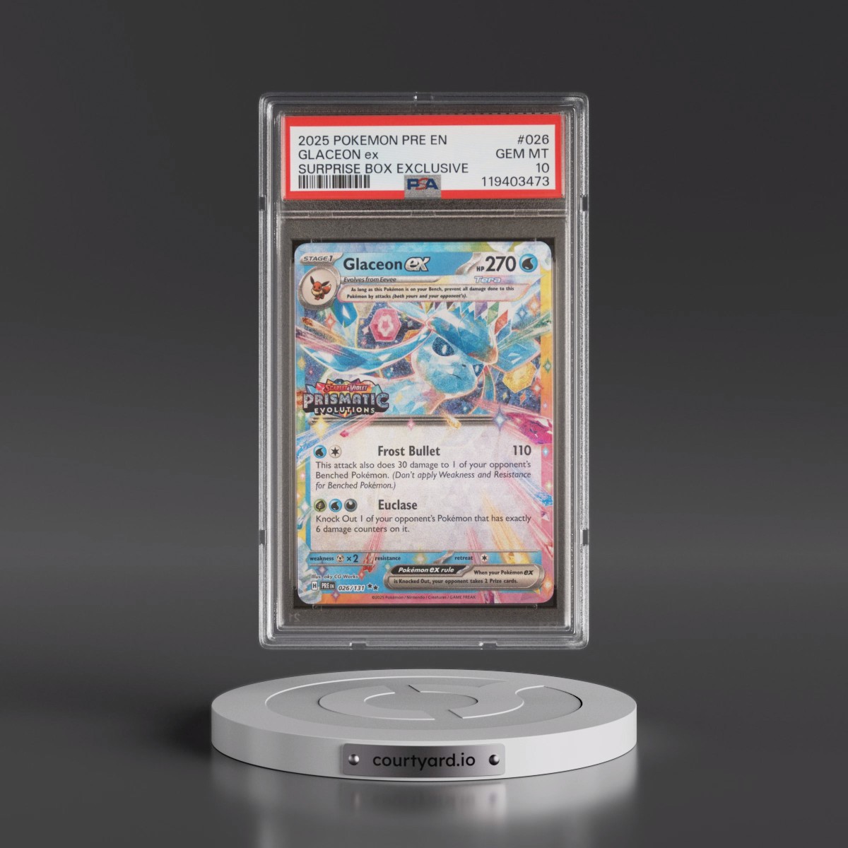 2025 Pokémon Pre EN-Prismatic Evolutions #026 Glaceon EX - Holo Surprise Box Exclusive (PSA 10 GEM MINT)