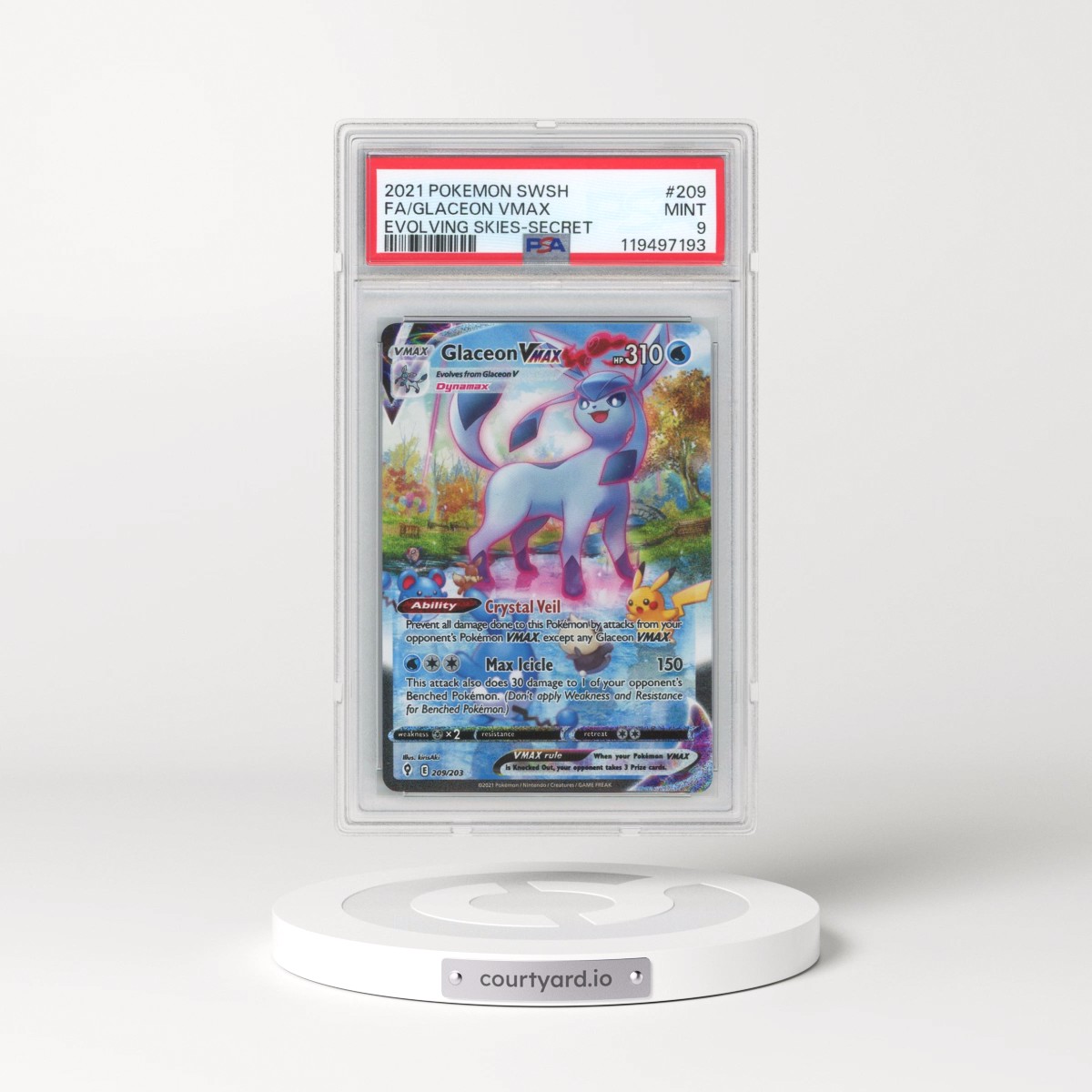 2021 Pokémon Sword & Shield Evolving Skies #209 Glaceon Vmax - Full Art Secret (PSA 9 MINT)