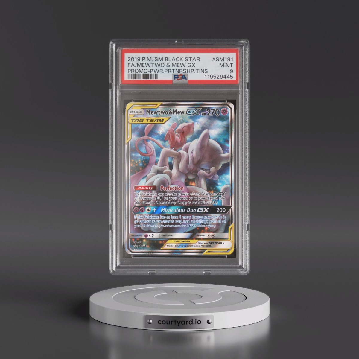 2019 Pokémon SM Black Star Promo #SM191 Mewtwo & Mew GX - Holo Full Art Power Partnership Tins (PSA 9 MINT)