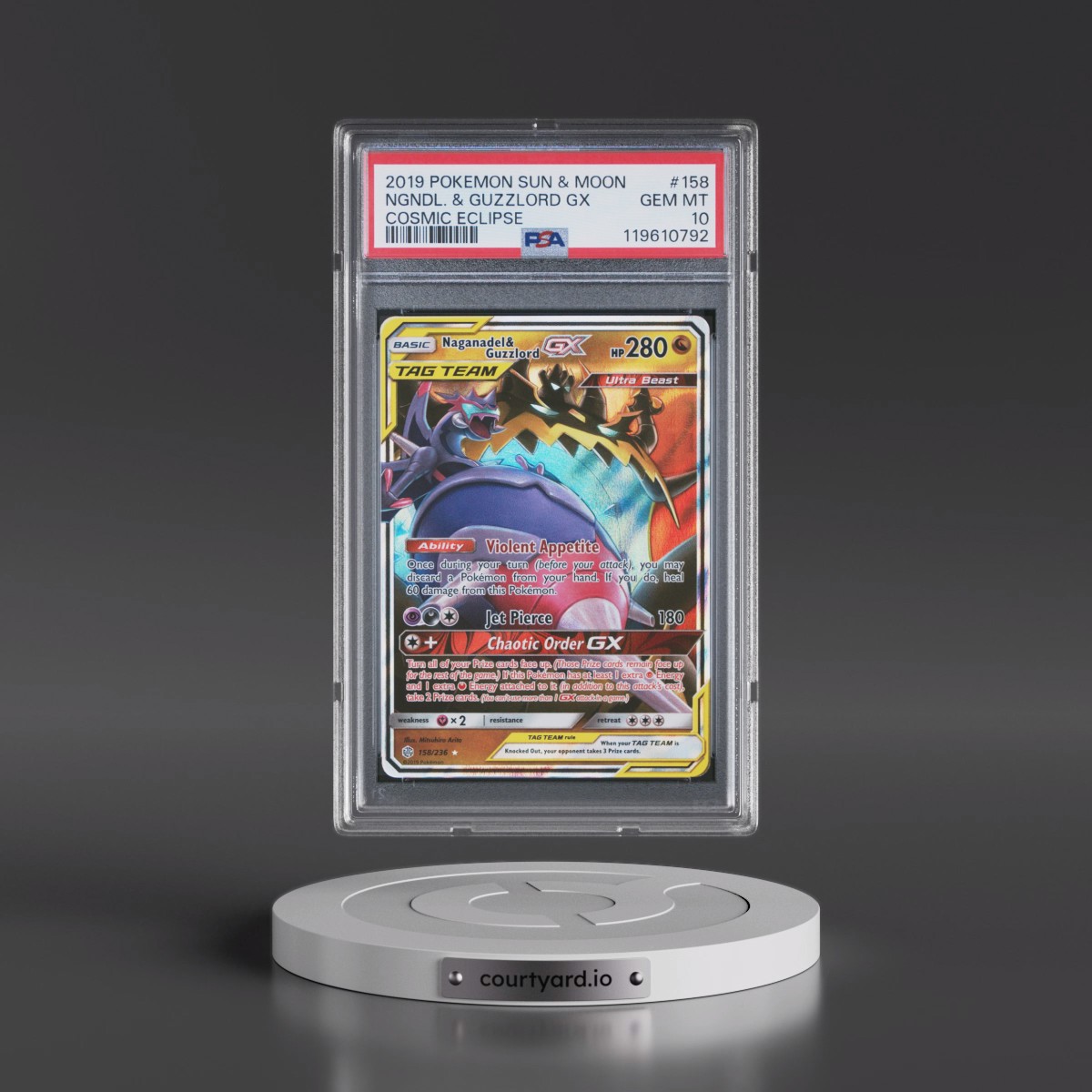 2019 Pokémon Sun & Moon Cosmic Eclipse #158 Naganadel & Guzzlord GX - Holo (PSA 10 GEM MINT)