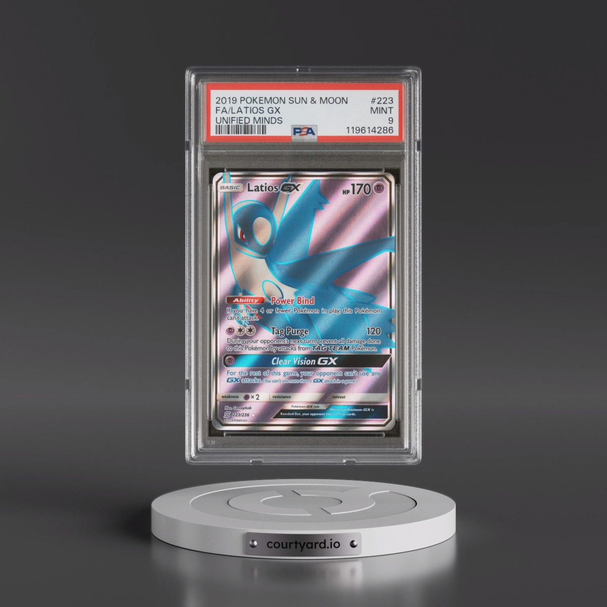 2019 Pokémon Sun & Moon Unified Minds #223 Latios GX - Holo Full Art (PSA 9 MINT)