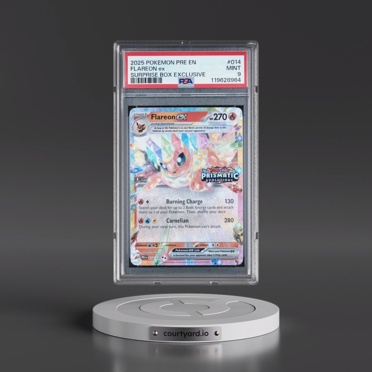 2025 Pokémon Pre EN-Prismatic Evolutions #014 Flareon EX - Holo Surprise Box Exclusive (PSA 9 MINT)