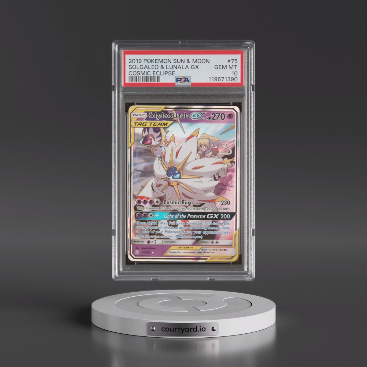 2019 Pokémon Sun & Moon Cosmic Eclipse Solgaleo & Lunala GX - Holo #75 PSA 10