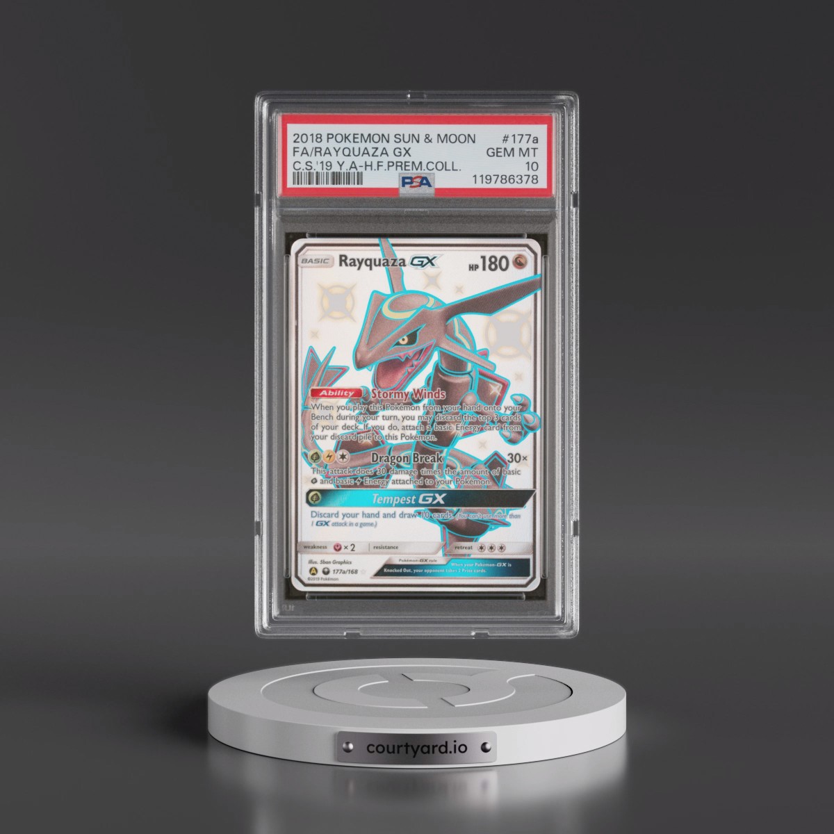2018 Pokémon Sun & Moon Celestial Storm #177a Rayquaza GX - Holo Full Art 2019 Yellow A Hidden Fates Premium Collection (PSA 10 GEM MINT)