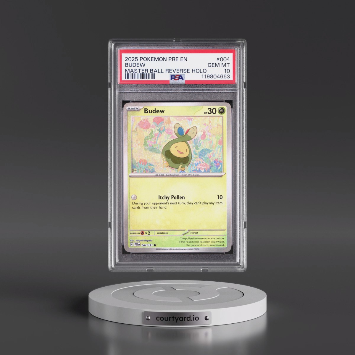 2025 Pokémon Pre EN-Prismatic Evolutions #004 Budew - Reverse Holo Master Ball (PSA 10 GEM MINT)