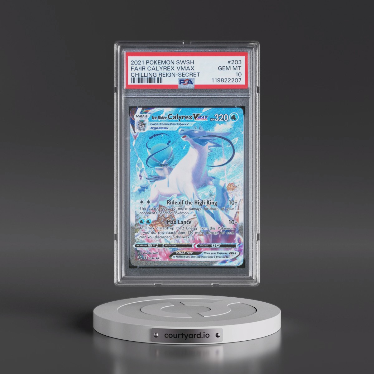 2021 Pokémon Sword & Shield Chilling Reign #203 Ice Rider Calyrex Vmax - Full Art Secret (PSA 10 GEM MINT)