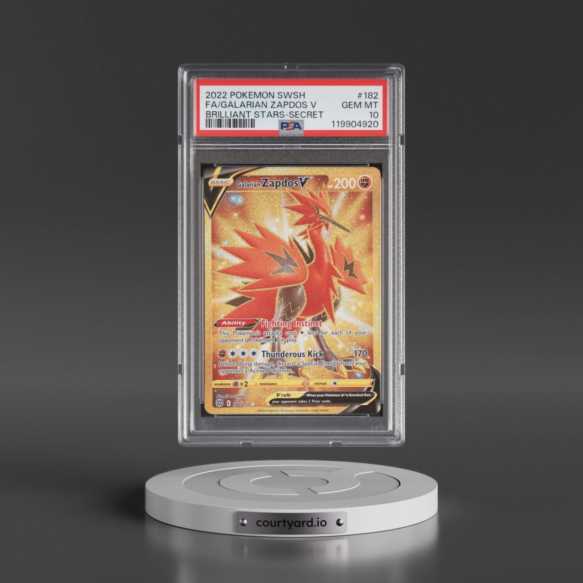 2022 Pokémon Sword & Shield Brilliant Stars #182 Galarian Zapdos V - Holo Full Art Secret (PSA 10 GEM MINT)