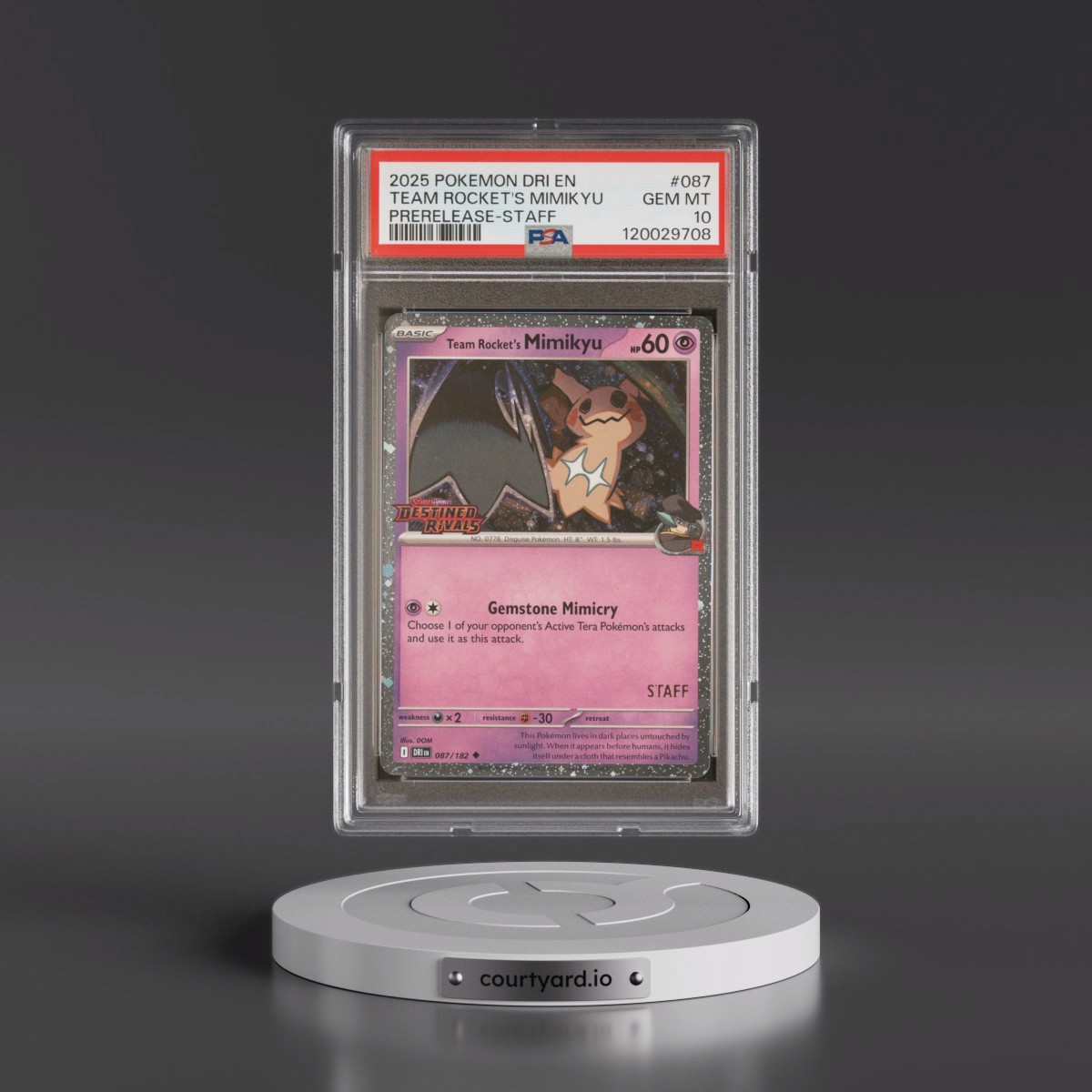 2025 Pokémon Dri EN-Destined Rivals #087 Team Rocket's Mimikyu - Prerelease-Staff (PSA 10 GEM MINT)