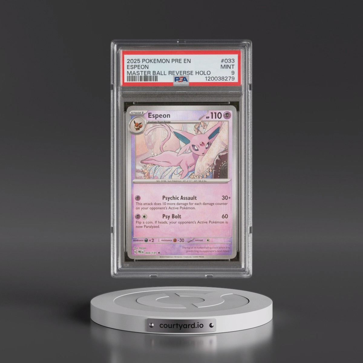 2025 Pokémon Pre EN-Prismatic Evolutions #033 Espeon - Reverse Holo Master Ball (PSA 9 MINT)