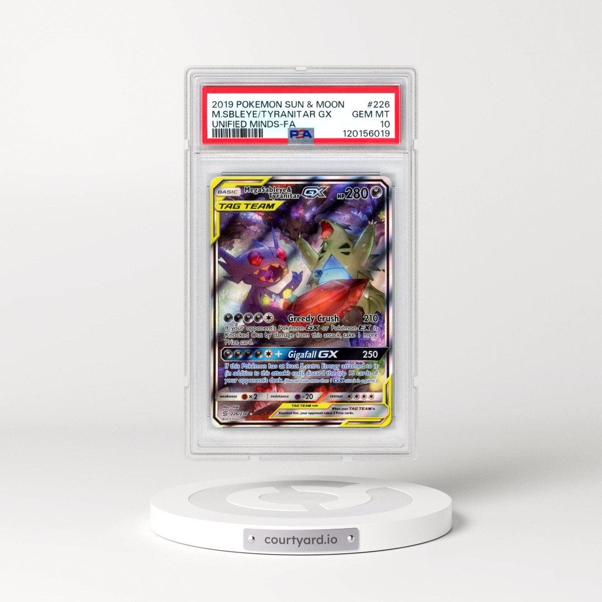 2019 Pokémon Sun & Moon Unified Minds #226 Mega Sableye & Tyranitar GX - Holo Full Art (PSA 10 GEM MINT)
