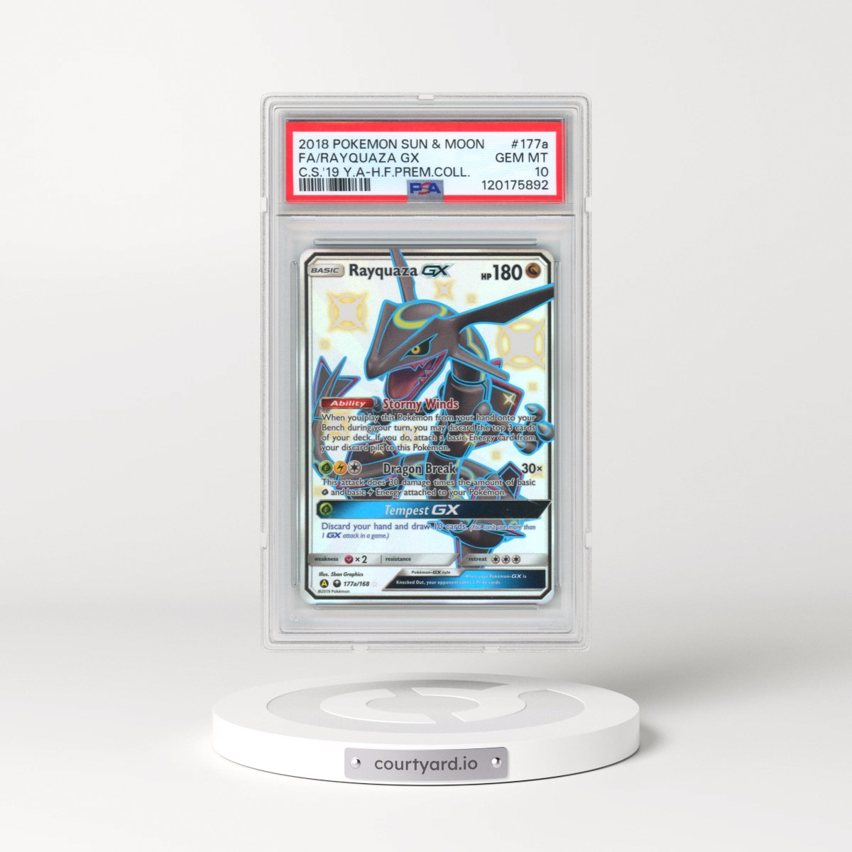 2018 Pokémon Sun & Moon Celestial Storm #177a Rayquaza GX - Holo Full Art 2019 Yellow A Hidden Fates Premium Collection (PSA 10 GEM MINT)