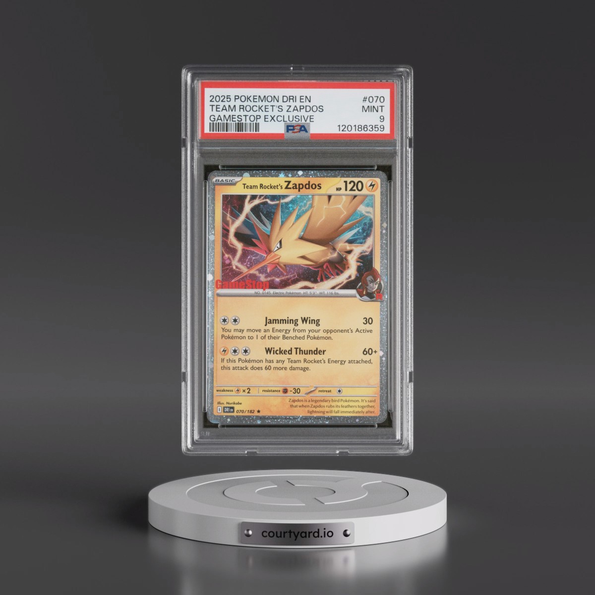 2025 Pokémon Dri EN-Destined Rivals #070 Team Rocket's Zapdos - Gamestop Exclusive (PSA 9 MINT)
