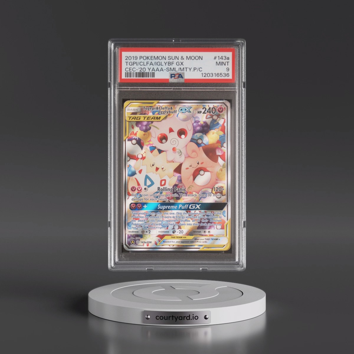 2019 Pokémon Sun & Moon Cosmic Eclipse #143a Togepi & Cleffa & Igglybuff GX - Holo 2020 Yellow A Alternate Art Small But Mighty Premium Collection (PSA 9 MINT)