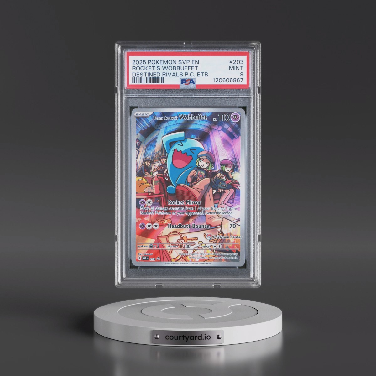 2025 Pokémon Svp EN-SV Black Star Promo #203 Team Rocket's Wobbuffet - Destined Rivals Pokemon Center Elite Trainer Box (PSA 9 MINT)