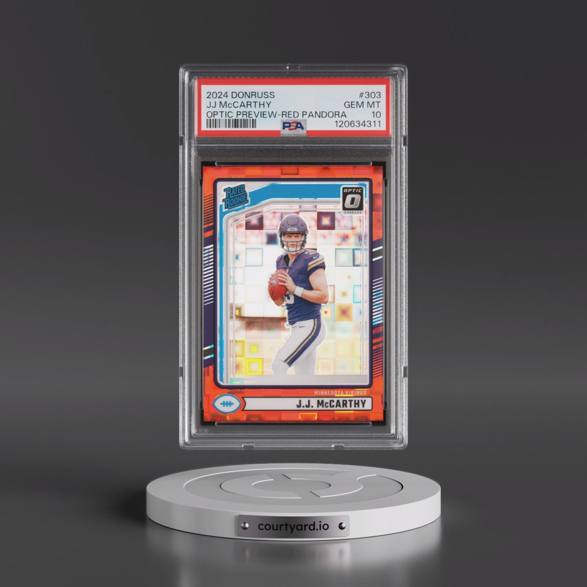 2024 Panini Donruss #303 JJ McCarthy - Optic Preview-Red Pandora (PSA 10 GEM MINT)