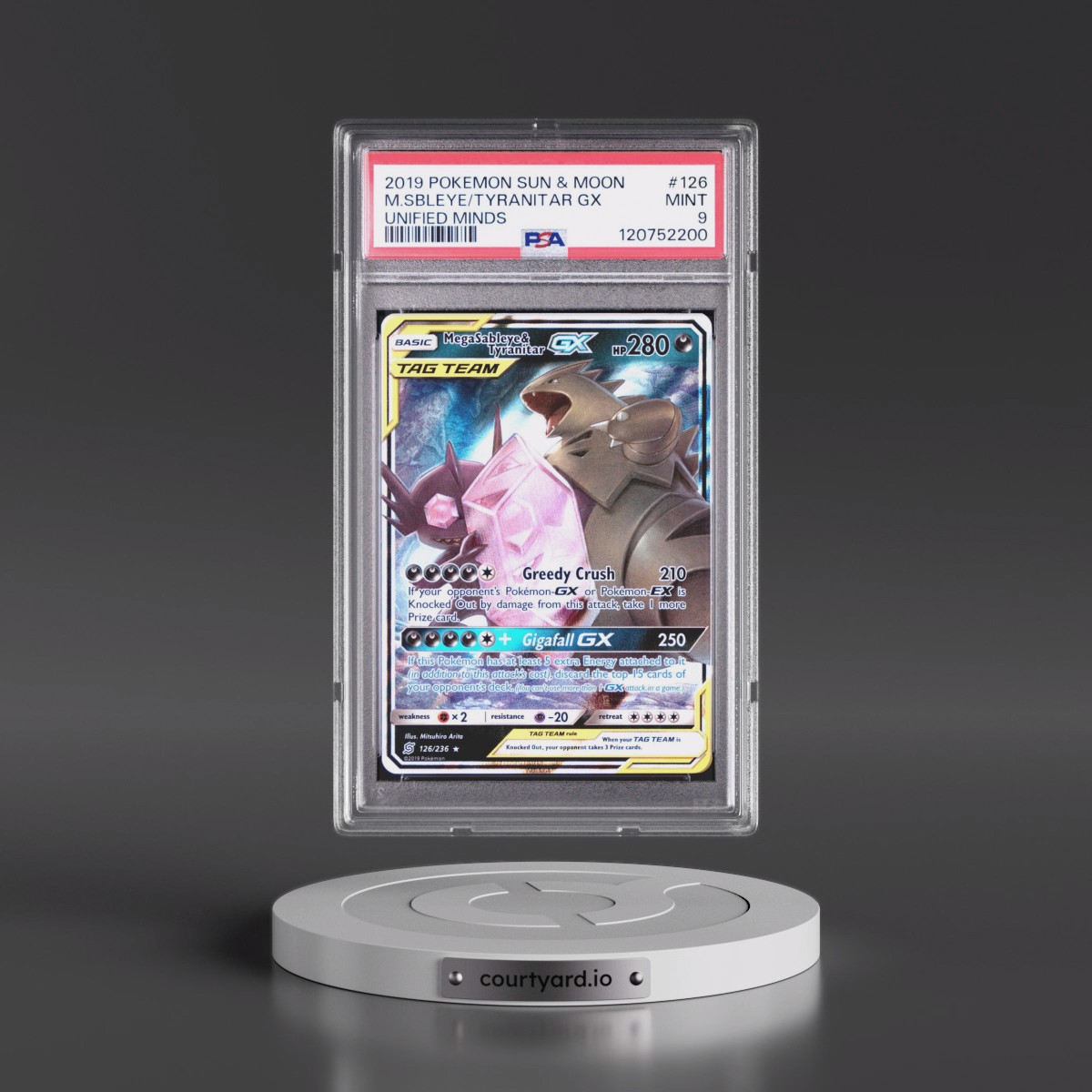2019 Pokémon Sun & Moon Unified Minds #126 Mega Sableye & Tyranitar GX - Holo (PSA 9 MINT)