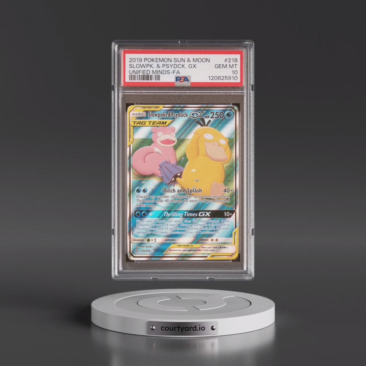 2019 Pokémon Sun & Moon Unified Minds Slowpoke & Psyduck GX - Holo Full Art #218 PSA 10