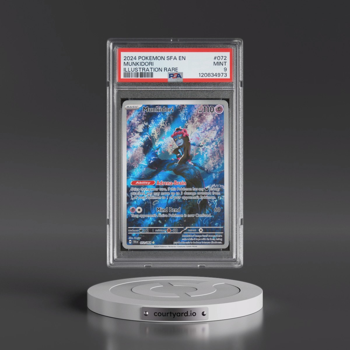 2024 Pokémon Sfa EN-Shrouded Fable #072 Munkidori - Illustration Rare (PSA 9 MINT)