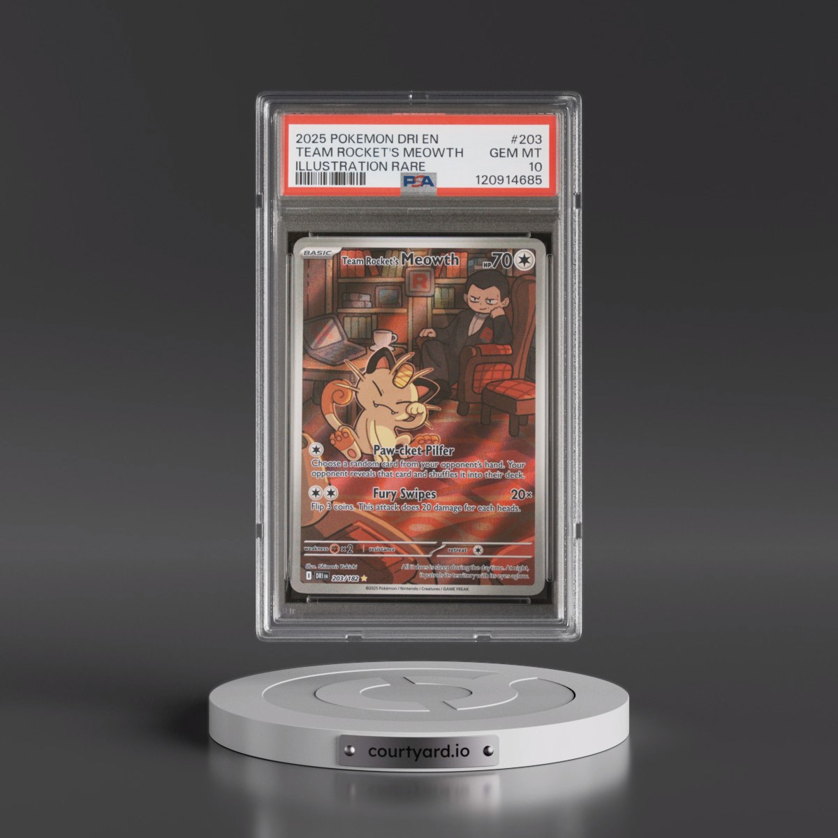 2025 Pokémon Dri EN-Destined Rivals #203 Team Rocket's Meowth - Illustration Rare (PSA 10 GEM MINT)
