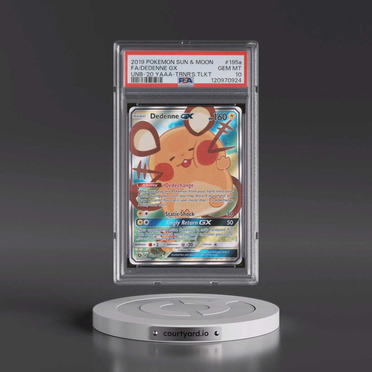2019 Pokémon Sun & Moon Unbroken Bonds #195a Dedenne GX - Holo Full Art 2020 Yellow A Alternate Art Trainer's Toolkit (PSA 10 GEM MINT)