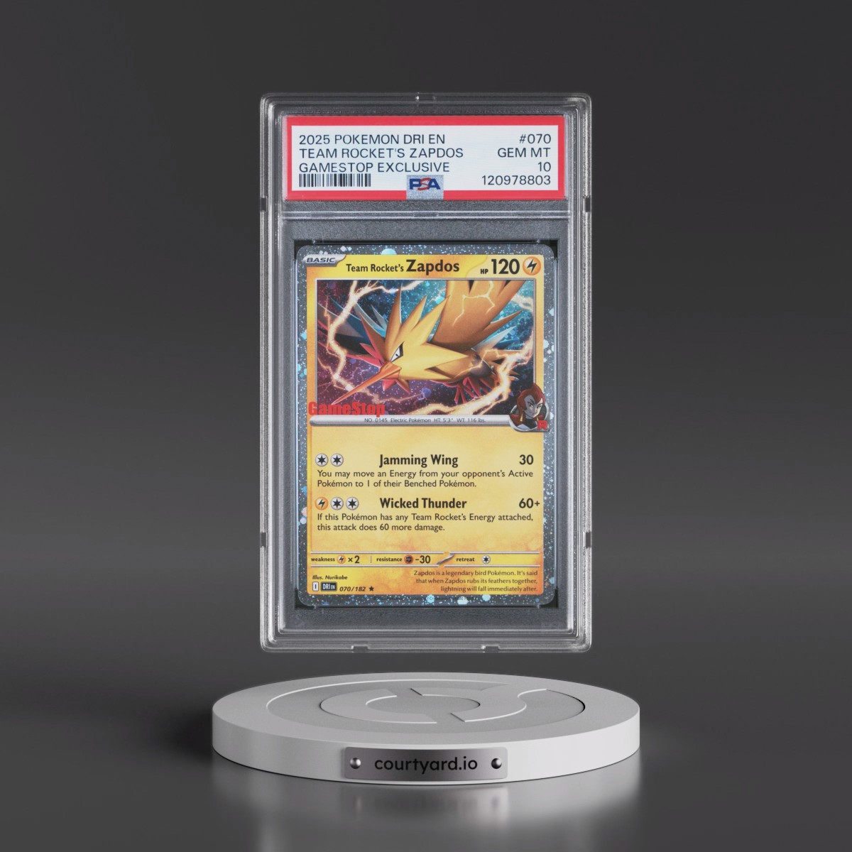 2025 Pokémon Dri EN-Destined Rivals #070 Team Rocket's Zapdos - Gamestop Exclusive (PSA 10 GEM MINT)