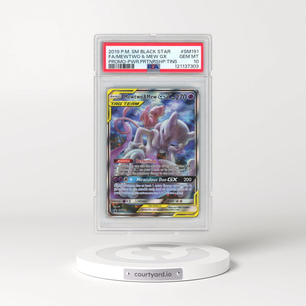 2019 Pokémon SM Black Star Promo #SM191 Mewtwo & Mew GX - Holo Full Art Power Partnership Tins (PSA 10 GEM MINT)