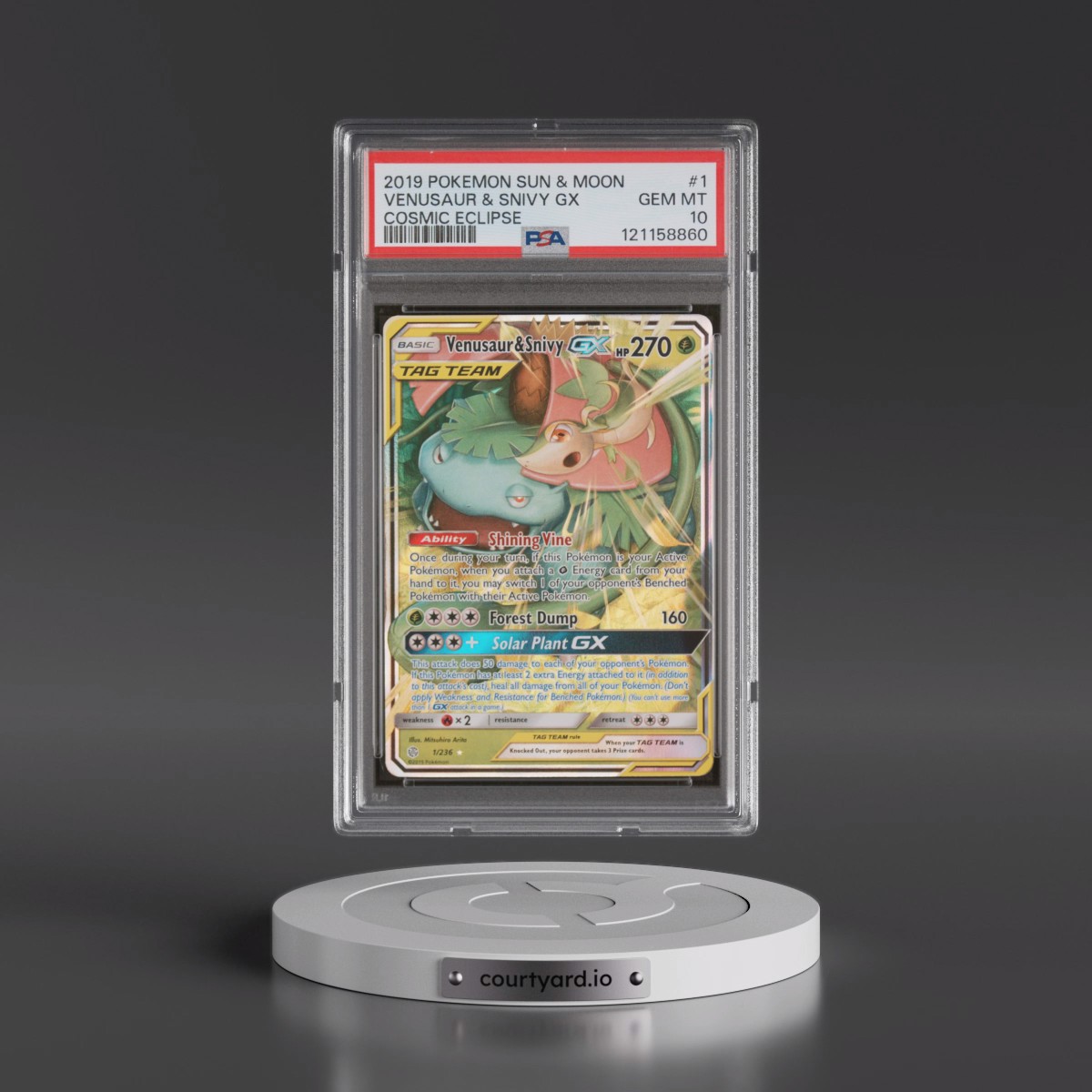 2019 Pokémon Sun & Moon Cosmic Eclipse #1 Venusaur & Snivy GX - Holo (PSA 10 GEM MINT)
