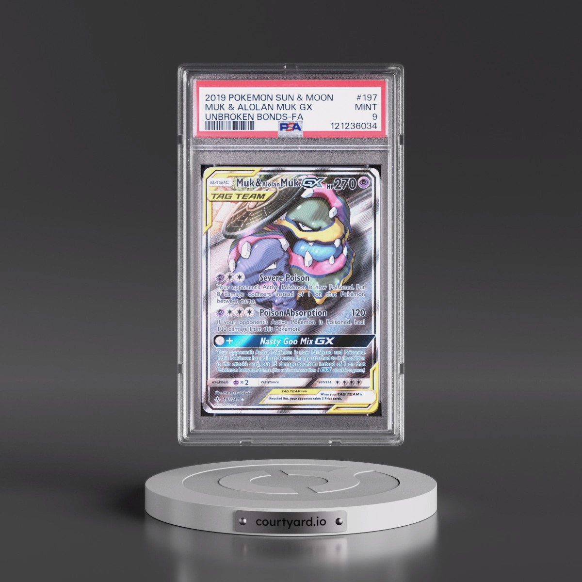 2019 Pokémon Sun & Moon Unbroken Bonds #197 Muk & Alolan Muk GX - Holo Full Art (PSA 9 MINT)