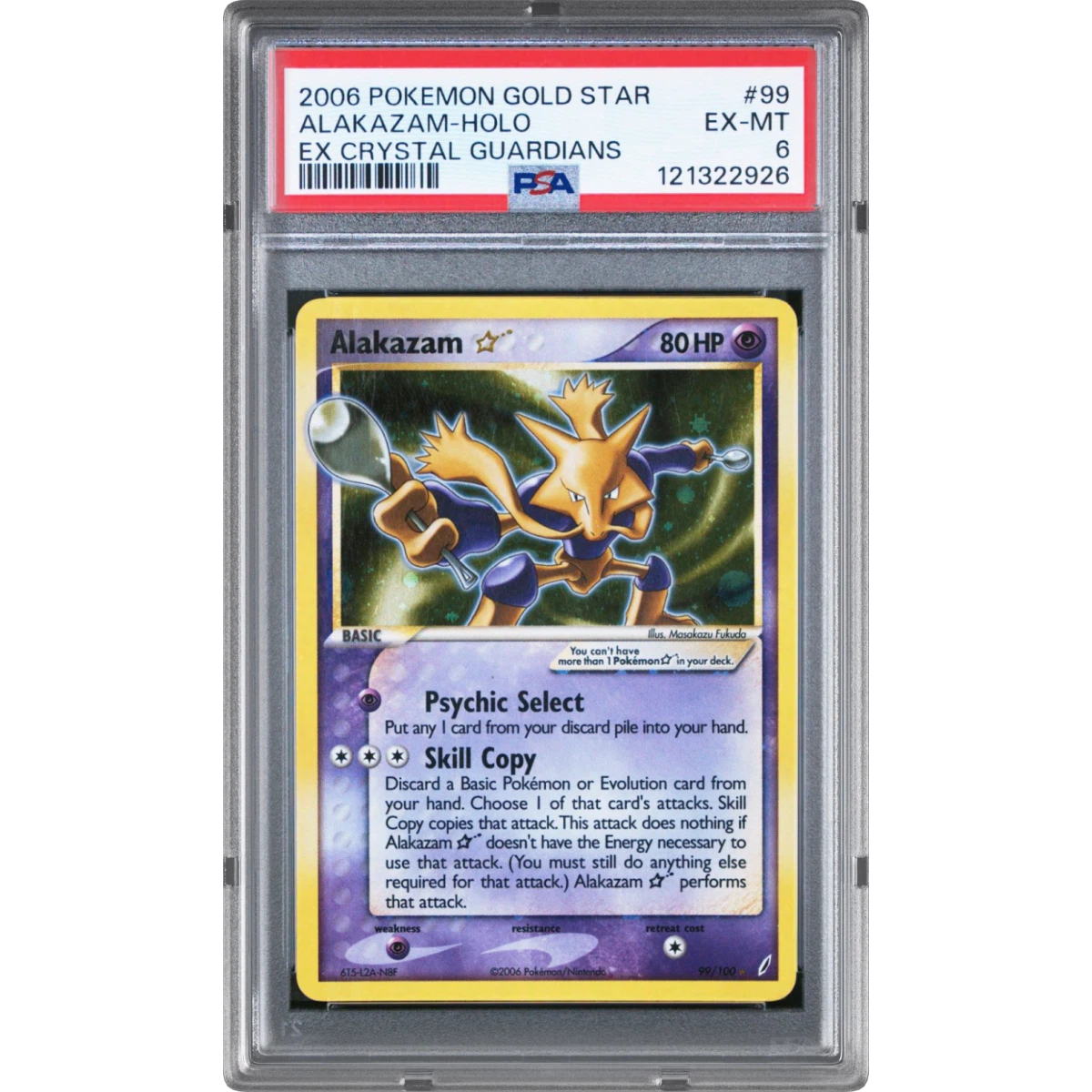 2006 Pokémon EX Crystal Guardians #99 Alakazam - Holo Gold Star (PSA 6 EX-MT)