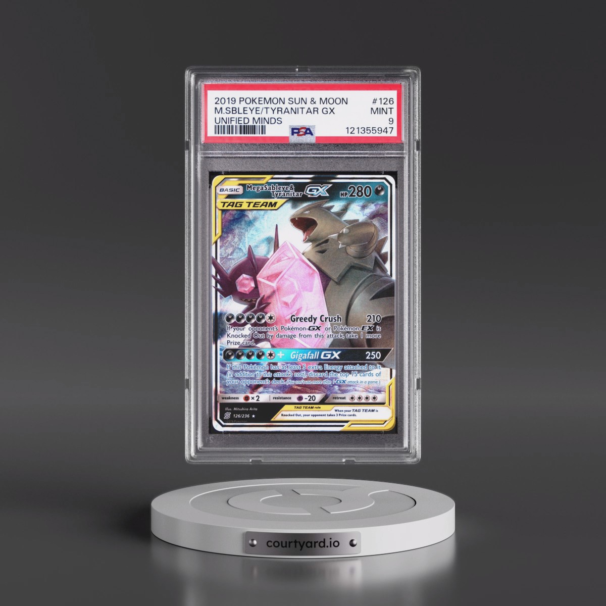 2019 Pokémon Sun & Moon Unified Minds #126 Mega Sableye & Tyranitar GX - Holo (PSA 9 MINT)