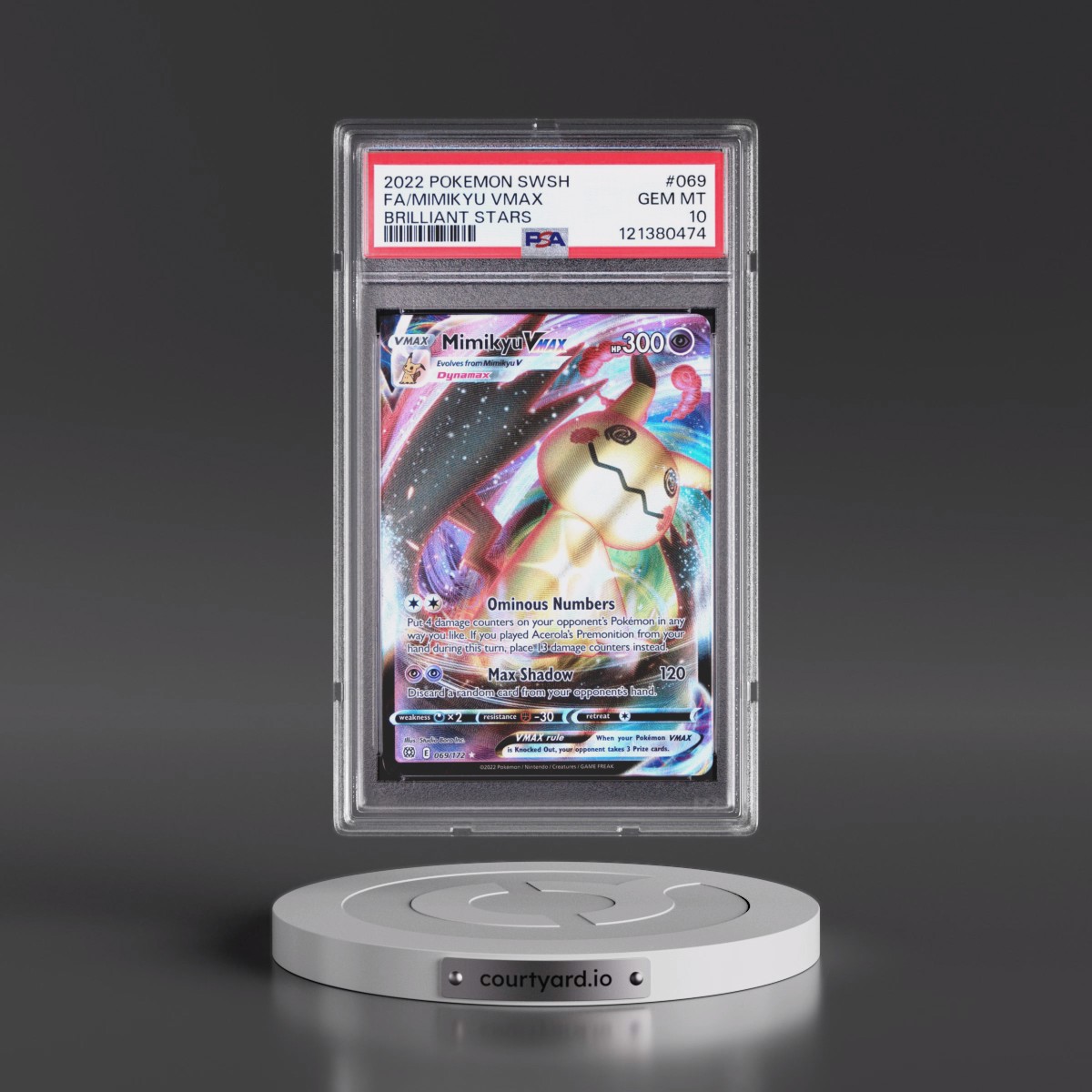 2022 Pokémon Sword & Shield Brilliant Stars #069 Mimikyu Vmax - Full Art (PSA 10 GEM MINT)