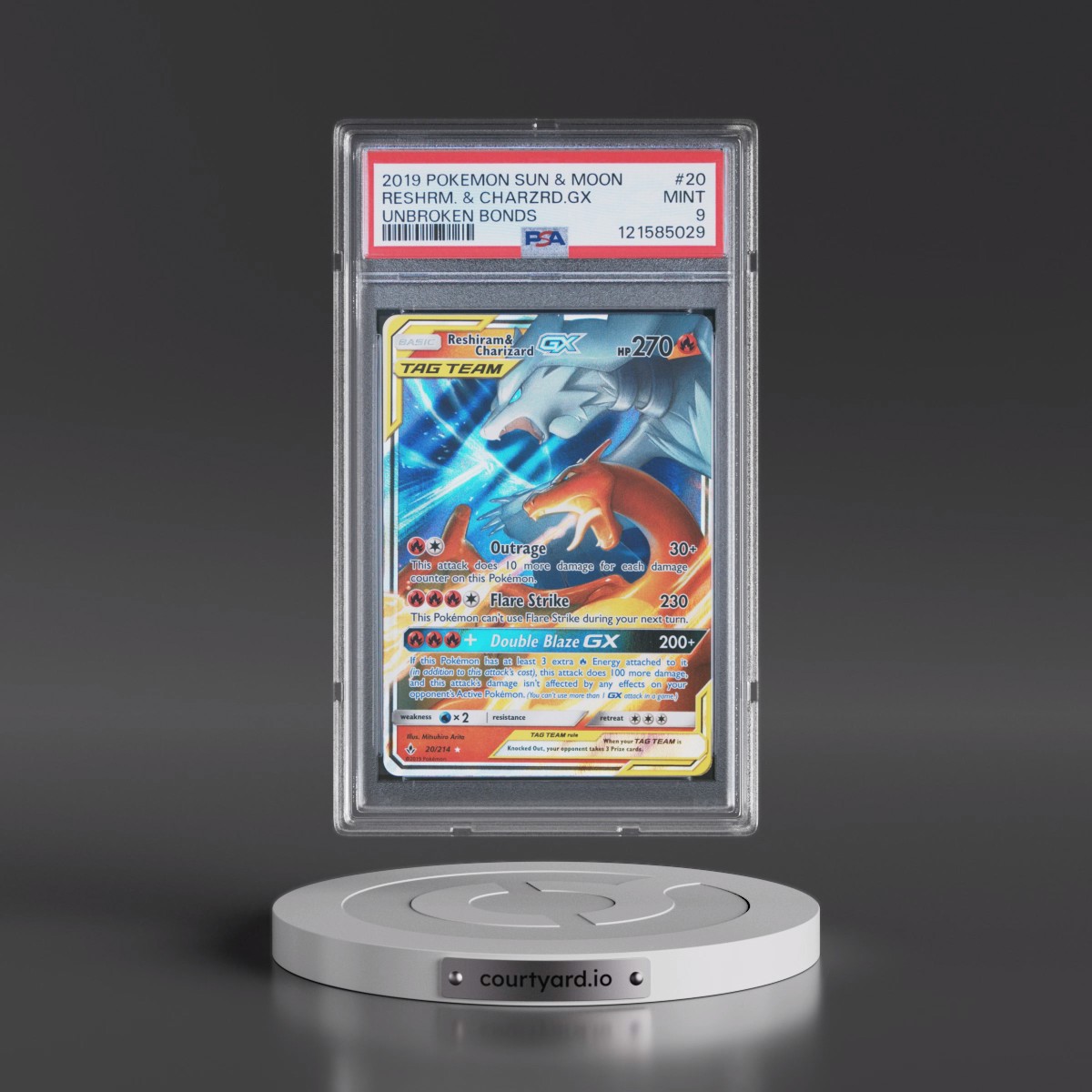 2019 Pokémon Sun & Moon Unbroken Bonds #20 Reshiram & Charizard GX - Holo (PSA 9 MINT)