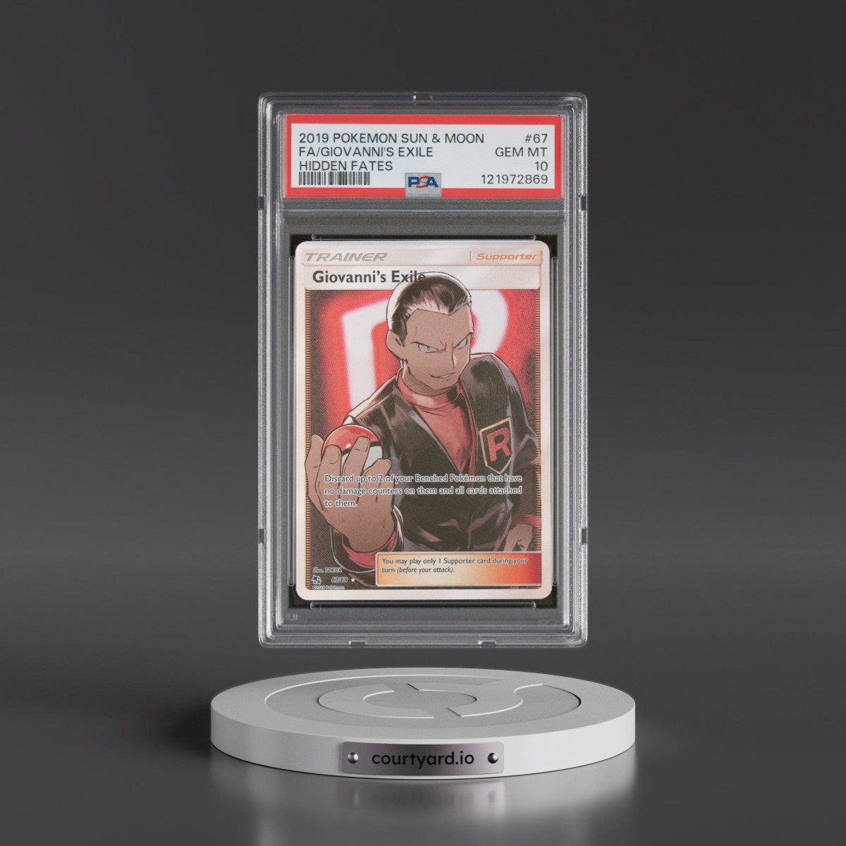 2019 Pokémon Sun & Moon Hidden Fates #67 Giovanni's Exile - Full Art (PSA 10 GEM MINT)