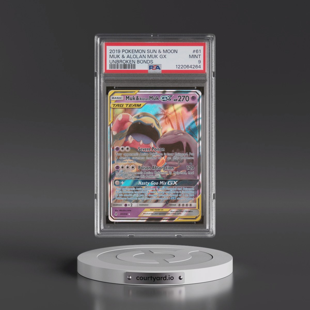 2019 Pokémon Sun & Moon Unbroken Bonds #61 Muk & Alolan Muk GX - Holo (PSA 9 MINT)