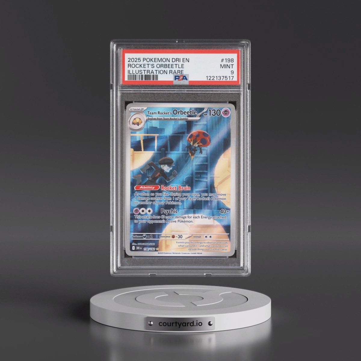 2025 Pokémon Dri EN-Destined Rivals #198 Team Rocket's Orbeetle - Illustration Rare (PSA 9 MINT)